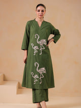 Women's Emerald Base Flamingo Embroidered Cotton Kurta Set