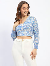Women's Blue Casual Full Sleeve Abstract Print Lace Detailed V-Neck Cotton Top