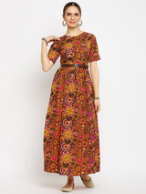 Women's Pink Casual Printed Maxi Dress with Belt