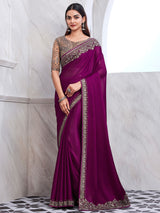 Women's Satin Silk Pink Embellished Designer Saree with Blouse Piece