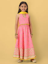 Girls Printed Sleeveless Lehenga Set with Dupatta