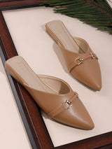 Women's Tan Bit-Detail Pointed-Toe Mule Flats