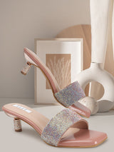Women's Peach Rhinestone-Covered Strap Embellished Kitten Heel Sandals