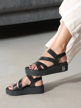 Women's Black Elastic Strap Flatform Sandals