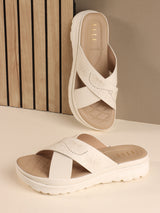 Women's White Crisscross Strap Platform Slide Sandals