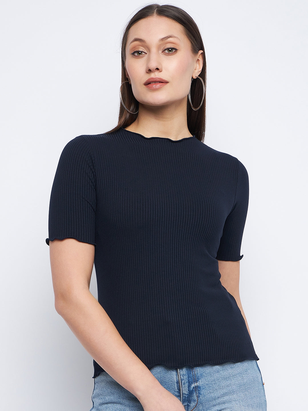 Women's Navy Casual Regular Fit Solid Half Sleeves Top