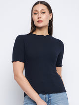 Women's Navy Casual Regular Fit Solid Half Sleeves Top