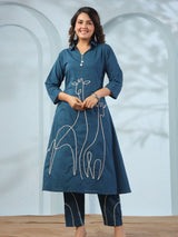 Women's Peacock Blue Animal Motif Cord Work  in Cotton Cambric Kurta Set