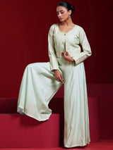 Women's Sea Green Solid Crop Top and Wide Leg Palazzos With Short Jacket