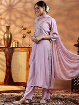 Women's Purple Floral Embroidered Straight Kurta with Solid Trouser and Poly Chiffon Self Design Dupatta