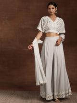 Women's Grey Floral Embroidered Georgette Crop Top with Embroidered Hem Palazzo and Solid Dupatta