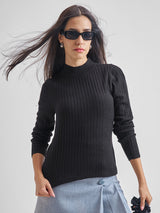 Women's Black Casual Self-Design Full Sleeves Sweater