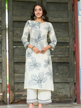 Women's Off White Monochrome Leaf Motif Embroidered Rayon Kurta Set