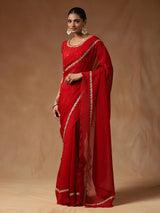 Women's Tissue Red Embellished Designer Saree with Blouse Piece