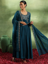 Women's Blue Floral Zari Embroidered Yoke Design Kurta with Solid Trouser and Embroidered Dupatta