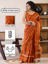 Women's Cotton Orange Printed Ready to Wear with Blouse Piece