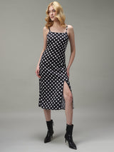 Women's Black Party Regular Fit Printed Dress