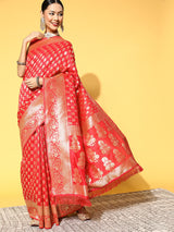 Women's Silk Blend Pink Woven Design Celebrity Saree with Blouse Piece