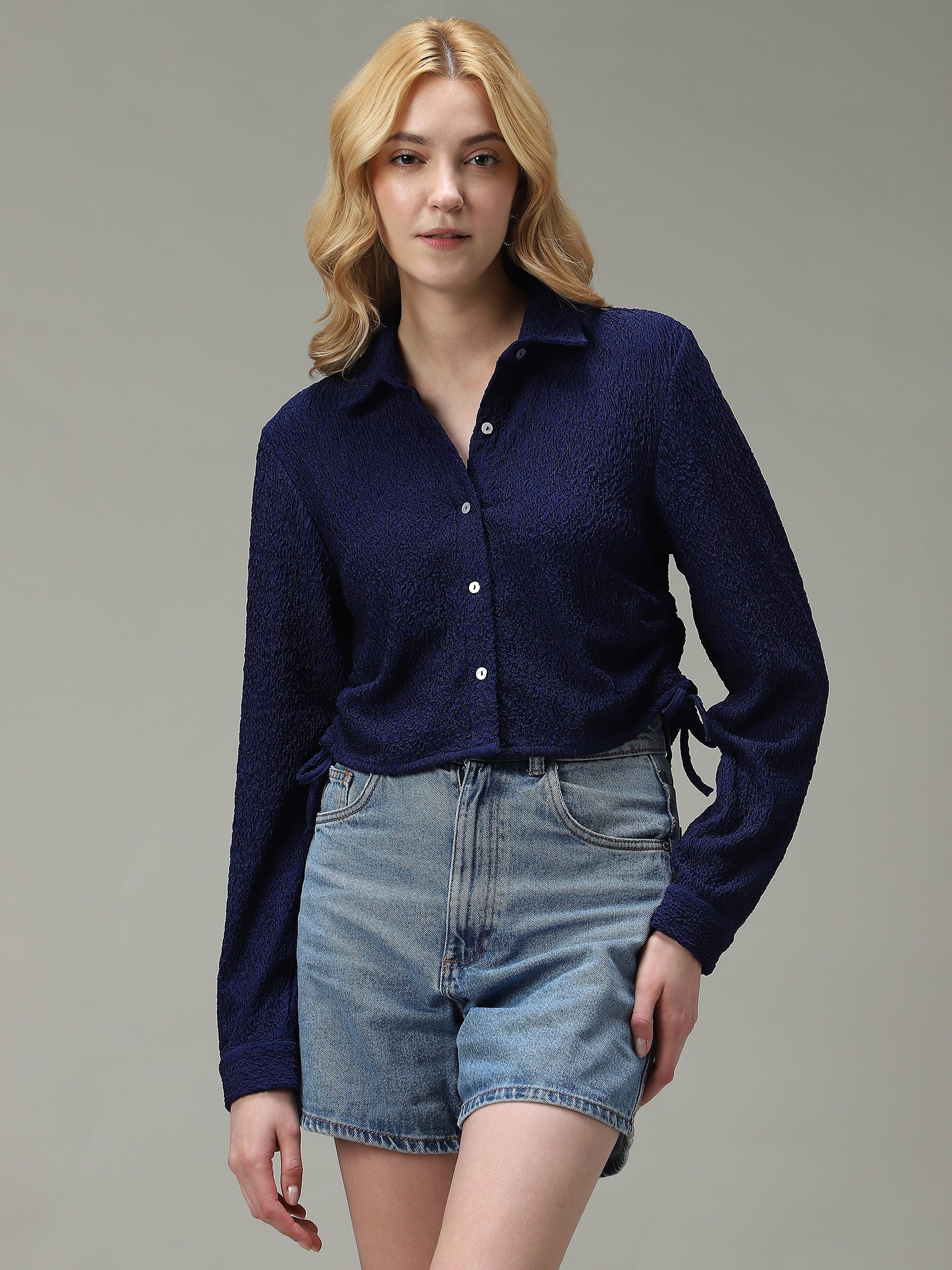 Women's Navy Casual Crop Solid Shirt