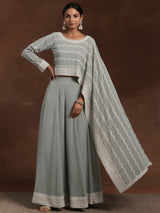 Women's Grey Ethnic Motif Embroidered Georgette Top with One Side Extended Sleeve and Solid Wide Leg Palazzo
