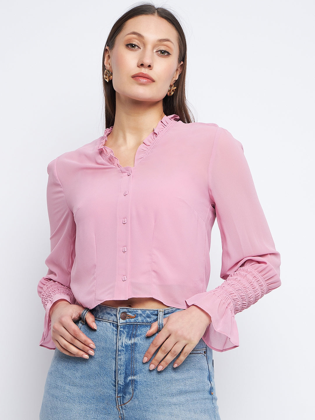 Women's Pink Casual Regular Fit Solid Full Sleeves Top