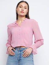 Women's Pink Casual Regular Fit Solid Full Sleeves Top
