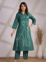 Women's Green Animal Motif Cord Work in Cotton Cambric Kurta Set