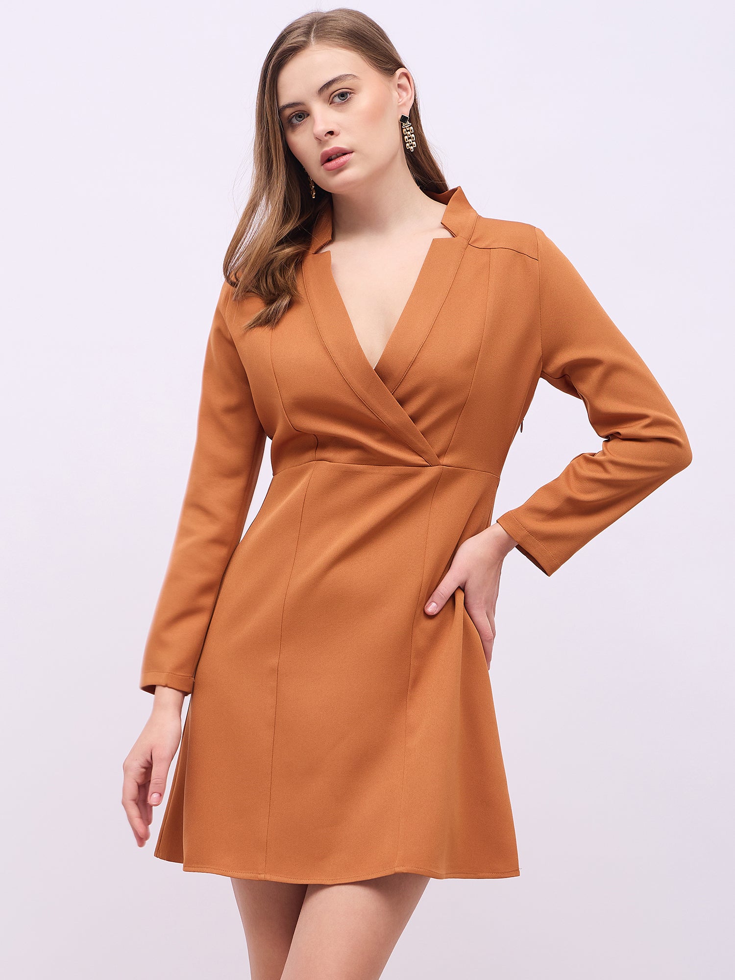 Women's Brown V-Neck Long Sleeves A-Line Mini Dress