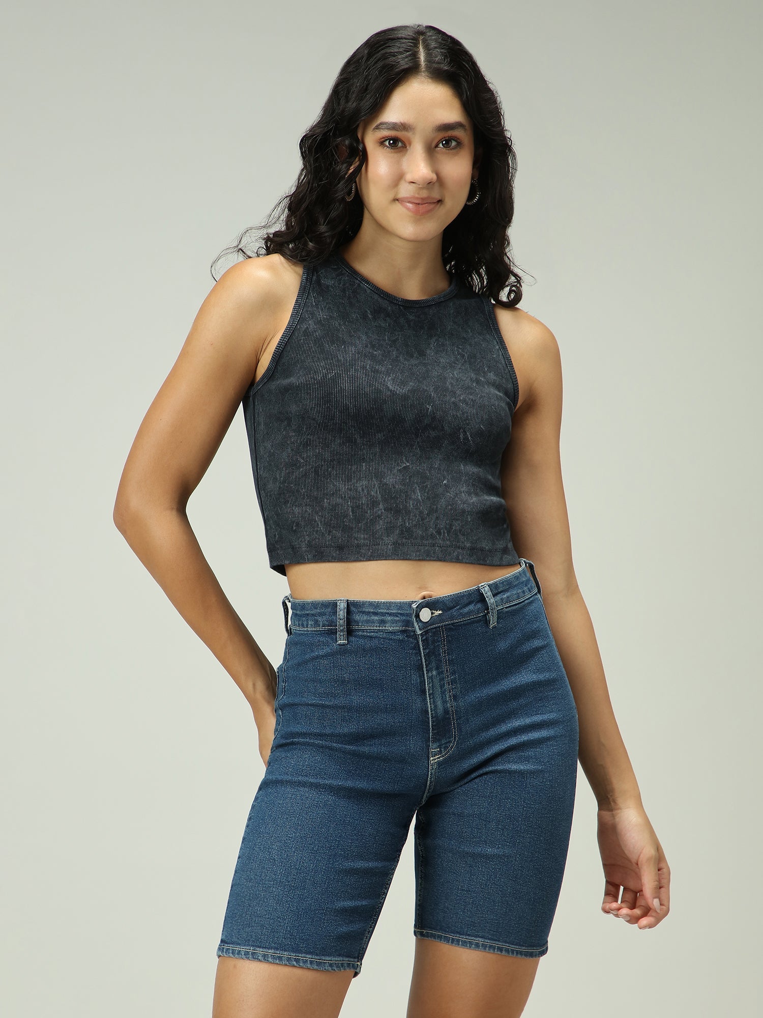 Women's Grey Casual Fitted Solid Top