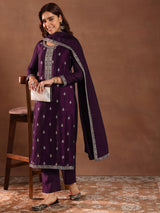 Women's Purple Ethnic Motif Embroidered Straight Kurta with Solid Trouser and Embellished Dupatta