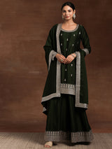Women's Black Embroidered Straight Kurta With Palazzo and Solid Dupatta