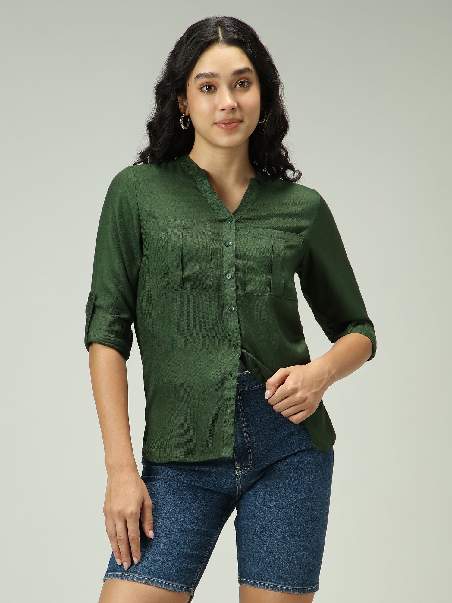 Women's Green Work Regular Fit Solid Shirt