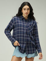 Women's Navy Casual Oversized Fit Checked Shirt
