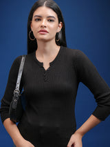 Women's Black Casual Solid Full Sleeves Sweater