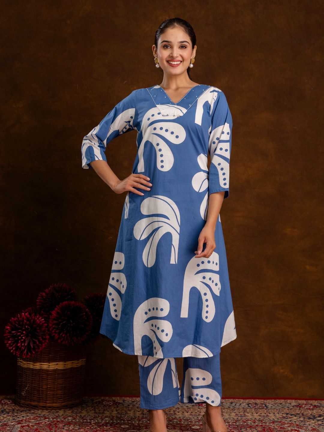 Women's Blue Tropical Leaf A-line Kurta Set