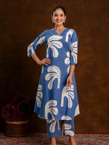 Women's Blue Tropical Leaf A-line Kurta Set