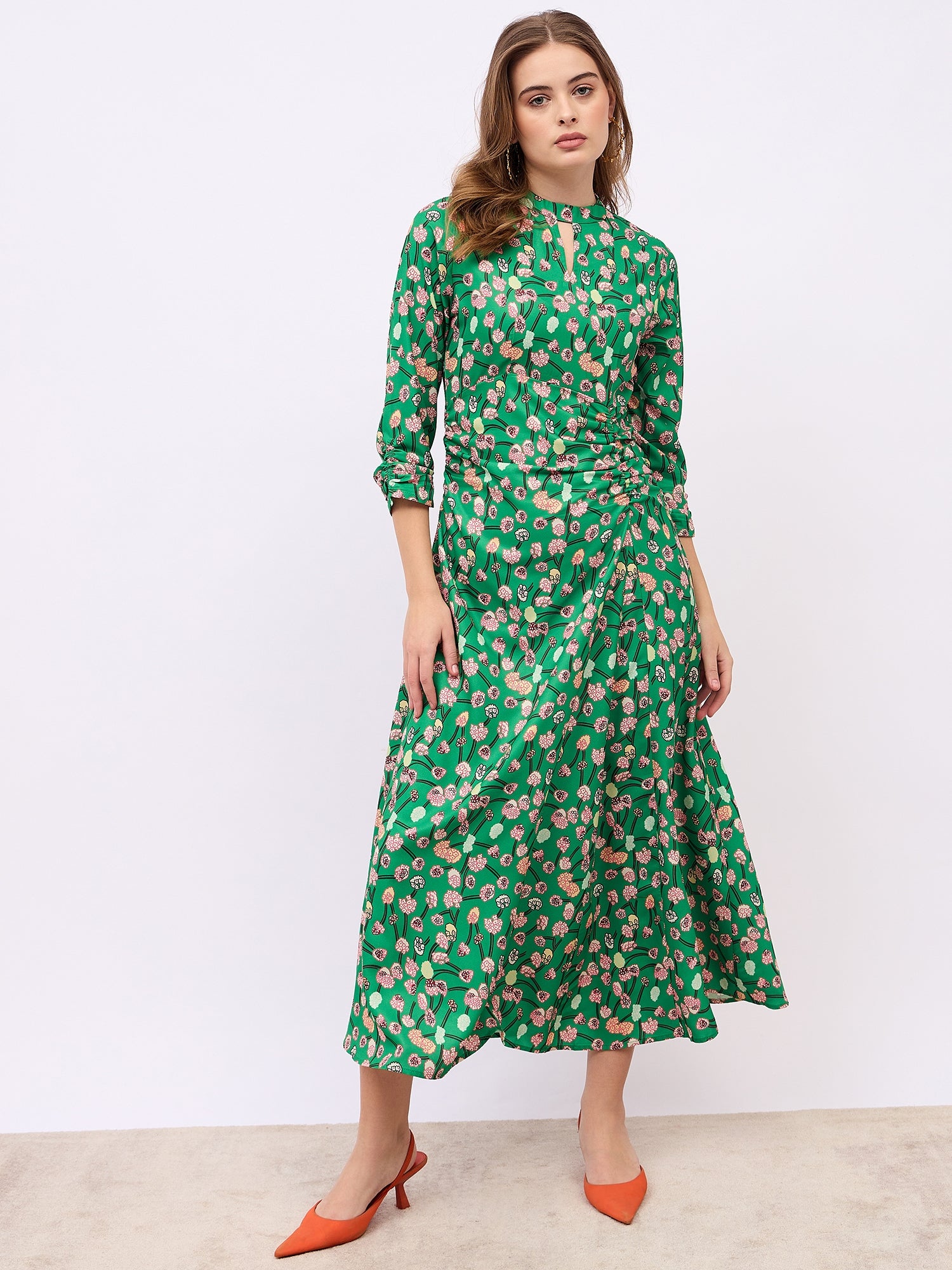 Women's Green Notch Collar Puff Sleeves A-Line Maxi Dress