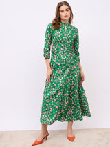 Women's Green Notch Collar Puff Sleeves A-Line Maxi Dress