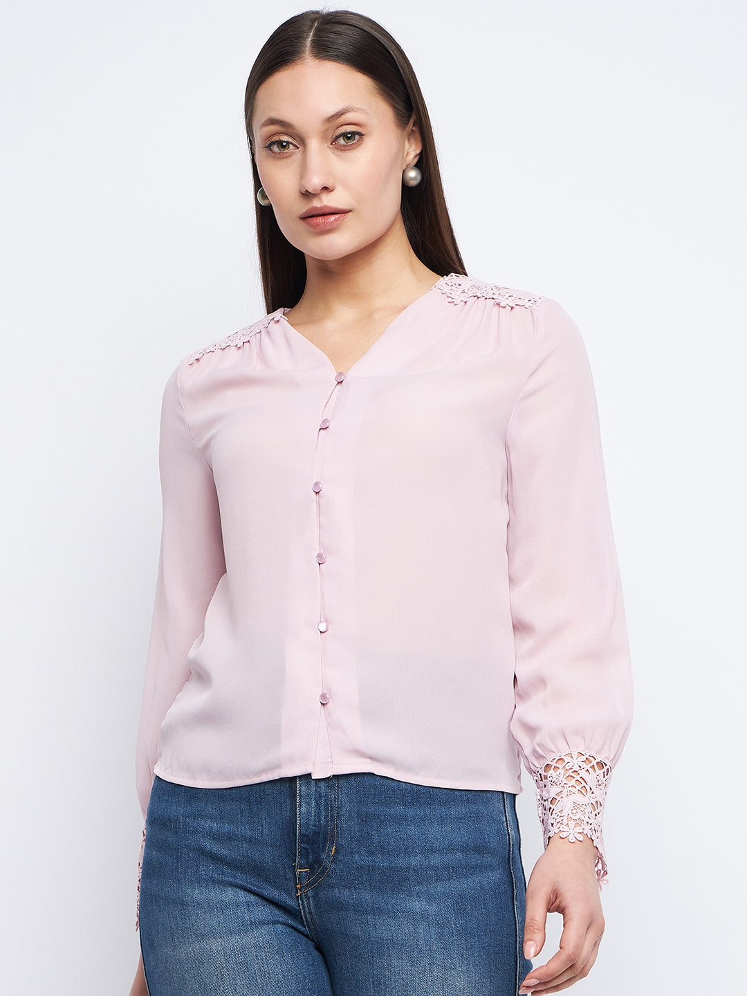 Women's Pink Casual Regular Fit Solid Full Sleeves Shirt