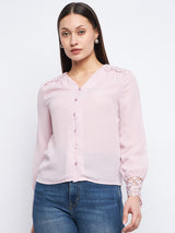 Women's Pink Casual Regular Fit Solid Full Sleeves Shirt