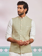 Men's Green Rayon Floral Embroidered Full Sleeves Nehru Jacket