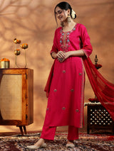 Women's Pink Floral Embroidered Straight Kurta with Solid Trouser and Poly Chiffon Self Design Dupatta