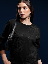 Women's Black Casual Striped Full Sleeves Sweater