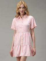 Women's Pink Casual A-Line Checked Dress