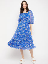 Women's Cobalt Blue Square Neck Floral Printed Smocked Tie Chiffon Fit & Flare Midi Dress