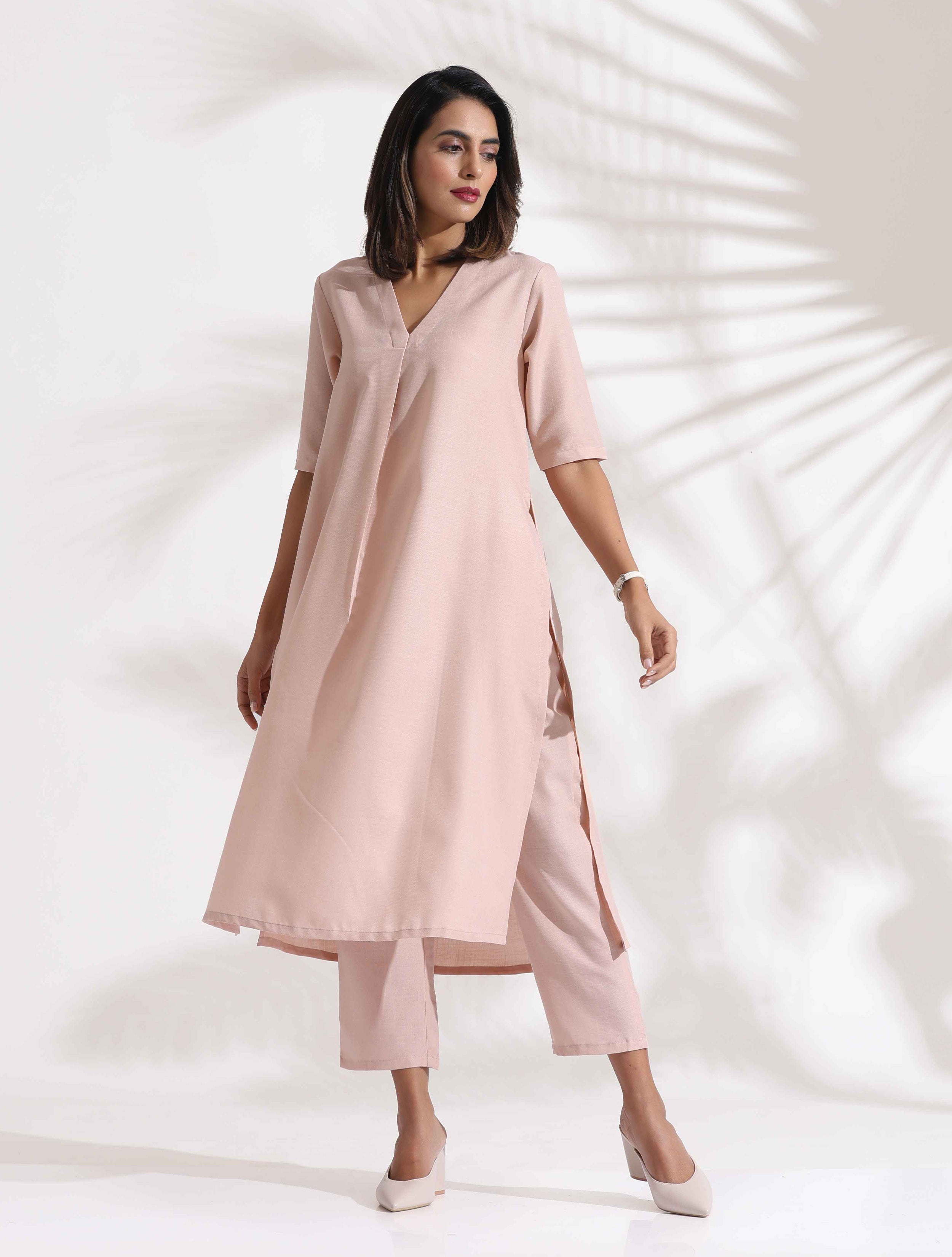 Women's Pink Slub Kurta Set