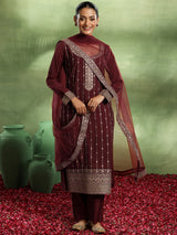Women's Maroon Ethnic Motif Zari Embroidered Kurta With Lining & Trouser With Dupatta