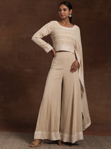 Women's Beige Ethnic Motif Embroidered Georgette Top with One Side Extended Sleeve & Solid Wide Leg Palazzo