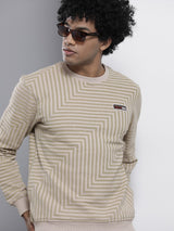 Men's Beige Casual Round Neck Striped Full Sleeves Sweatshirt