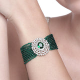 Women's Rhodium Plated CZ Sparkling Multi-Layered Bracelet with Emerald Beads